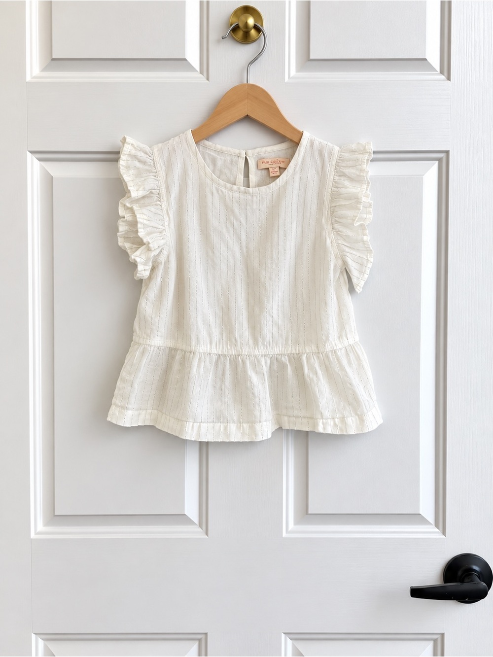 Pink Chicken Girls 6Y White Metallic Stripe Ruffle Peplum Top